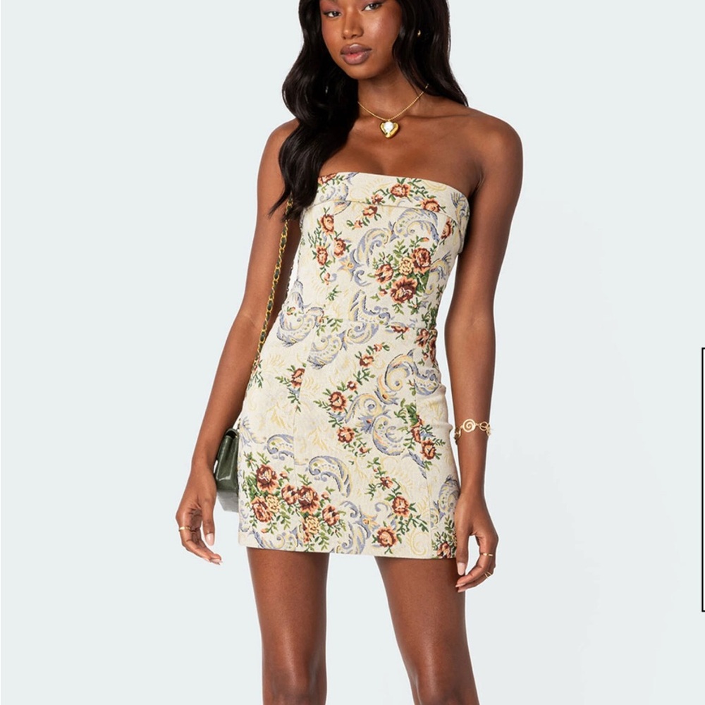 Edikted Strapless Floral Dress - Cream and Multicolor